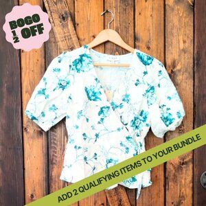 Gilli Floral Wrap Blouse White and Teal Size M NWT